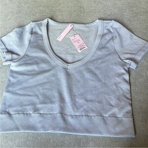 Wild Fable Blue Gray Cropped Ribbed Seamless Short Sleeve Shirt